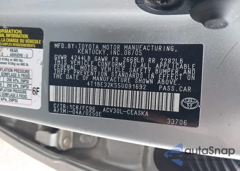 2005 Toyota Camry Se z USA, uszkodzony, nr VIN 4T1BE32K55U091692